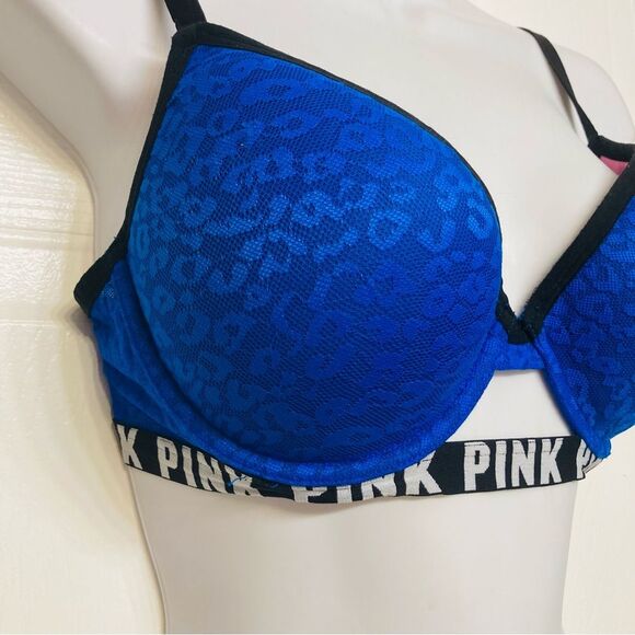Victoria's Secret PINK Wear Everywhere Push Up Bra Size 34D Leopard Print Blue - Picture 3 of 10